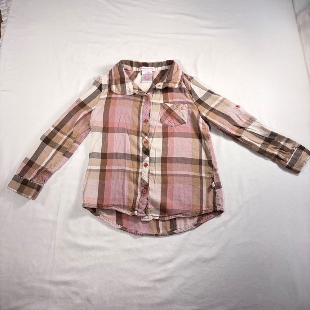 Tommy Bahama Girls Long Seeve Shirt Sz 7 Pink Brown Plaid Button Down